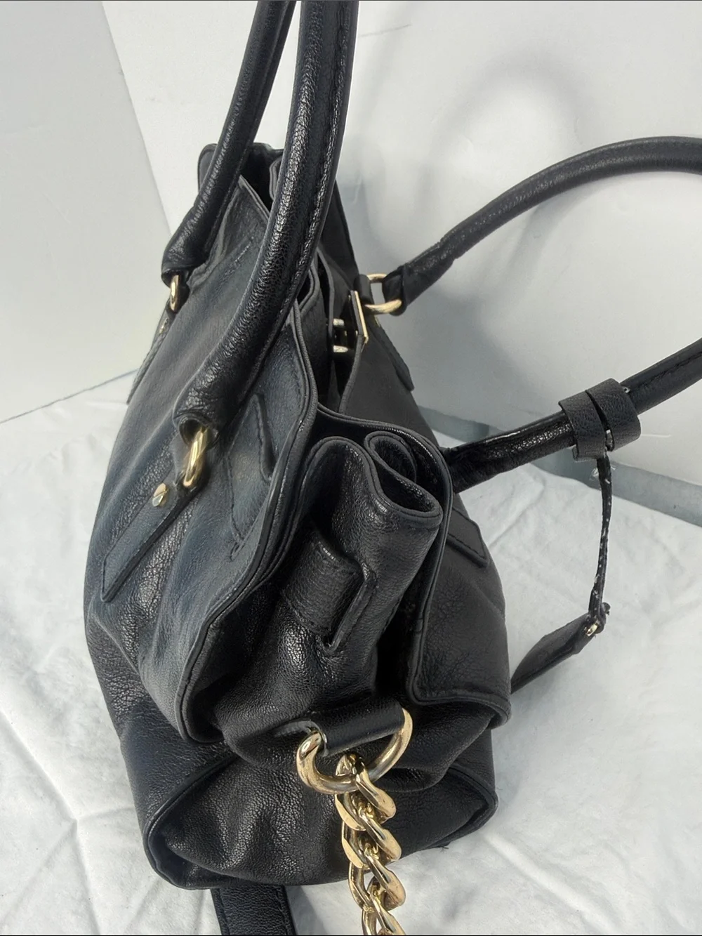Classic Black Leather Satchel Handbag with Gold Hardware